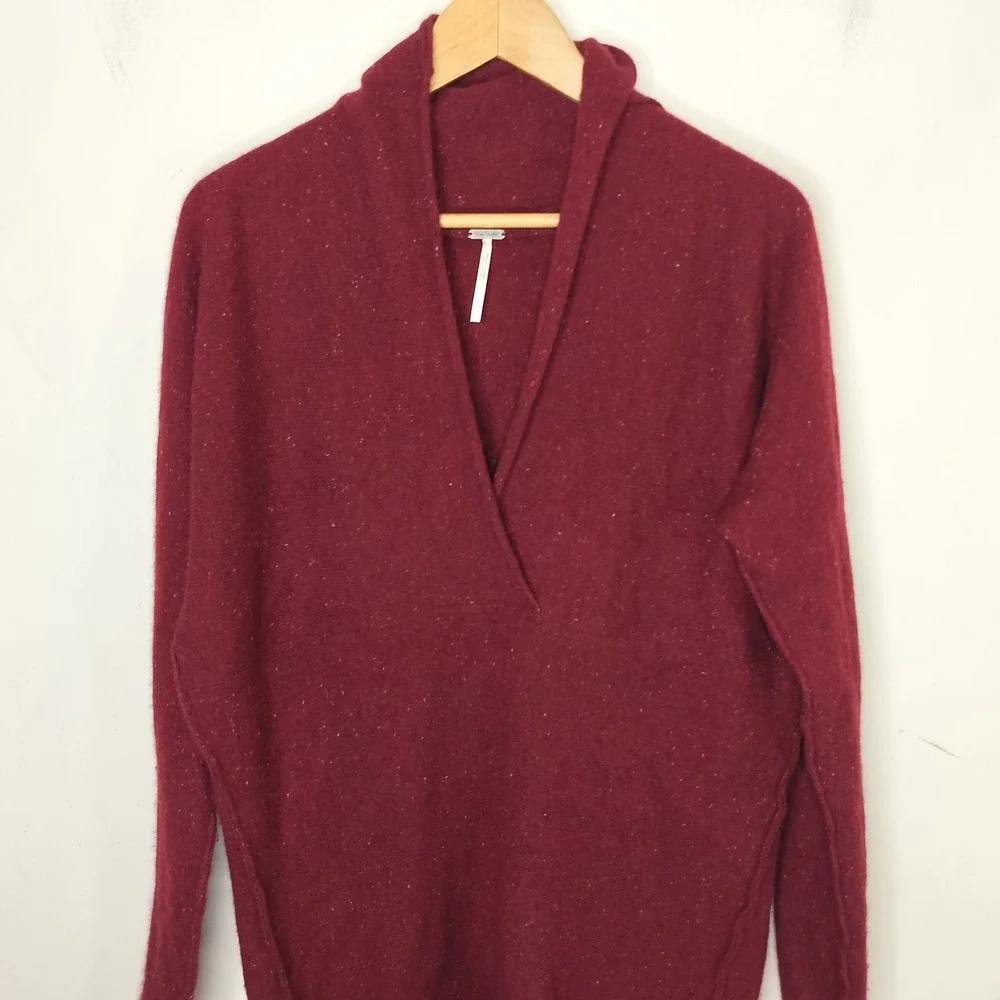 Free People Cashmere‎ Sweater Red Speckled Tunic Shawl Collar